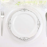 10 Pack | 10inch White Silver Leaf Embossed Baroque Plastic Dinner Plates