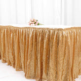 17ft Glitzy Gold Sequin Pleated Satin Table Skirt With Top Velcro Strip