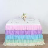 14ft Rainbow Chiffon Ruffled Tutu Table Skirt with Satin Backing, 5-Tier Gradient Unicorn Themed