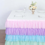 14ft Rainbow Chiffon Ruffled Tutu Table Skirt with Satin Backing, 5-Tier Gradient Unicorn Themed