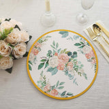 6 Pack White Pink Peony Flowers Print Cardboard Paper Charger Plates with Gold Rim, 13inch Round