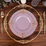 Lavender Lilac Gold Leaf Embossed Baroque Plastic Dessert Plates, Disposable Round Appetizer Plates