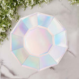 25 Pack | Iridescent 9inch Geometric Dinner Paper Plates, Disposable Plates with Decagon Rim