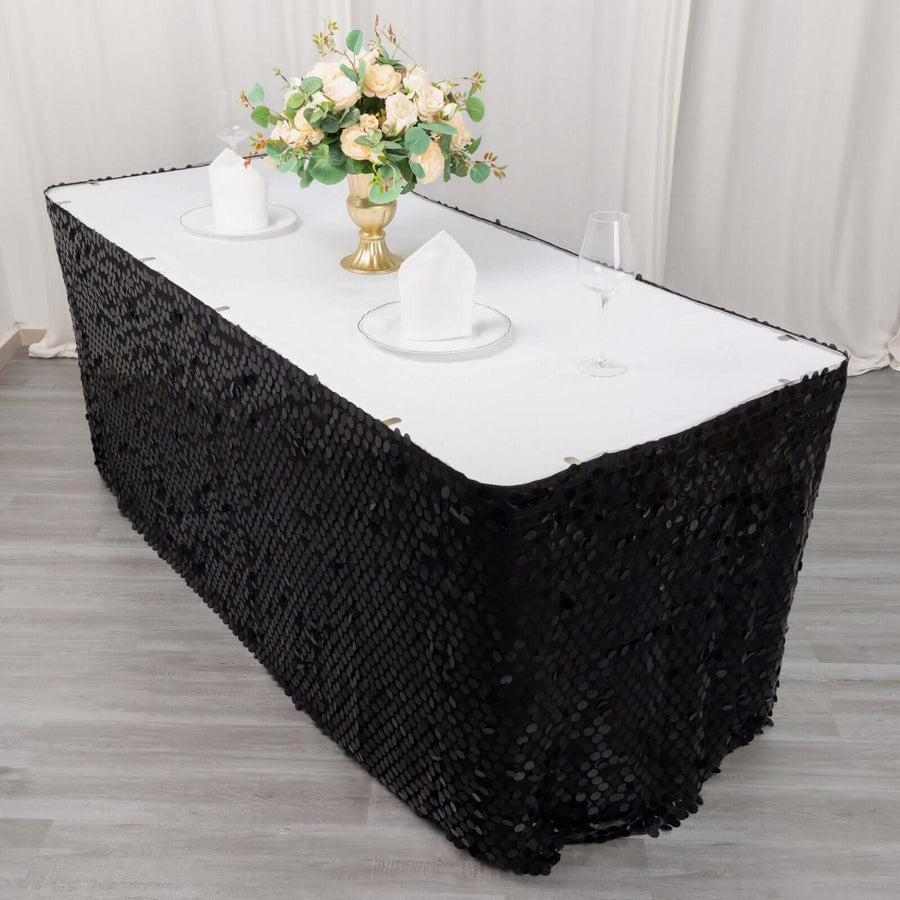 21ft Black Premium Big Payette Sequin Dual Layered Satin Table Skirt