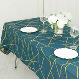 60"x102" Peacock Teal Rectangle Polyester Tablecloth With Gold Foil Geometric Pattern