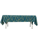 60"x102" Peacock Teal Rectangle Polyester Tablecloth With Gold Foil Geometric Pattern