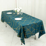 60"x102" Peacock Teal Rectangle Polyester Tablecloth With Gold Foil Geometric Pattern