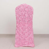 Pink Satin Rosette Spandex Stretch Banquet Chair Cover, Fitted Slip On Chair Cover