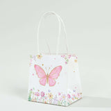 12 Pack Pink Glitter Butterfly Paper Favor Bags With Handles, Floral Print White Gift Bags