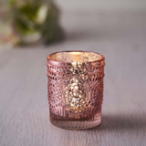 6 Pack | Blush/Rose Gold Mercury Glass Candle Holders, Votive Tealight Holders With Primrose Design