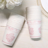 24 Pack White Pink French Toile Party Cups, Elegant Disposable Paper Cups - 9oz