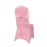 Pink Spandex Banquet Chair Cover with Silver Rhinestone Buckled Sash Band, Stretched#whtbkgd