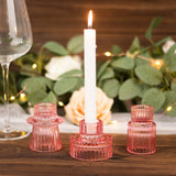 Set of 6 Pink Ribbed Crystal Glass 3inch Taper Candle Holders, Reversible Mini Votive