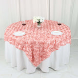 72x72inch Dusty Rose 3D Rosette Satin Table Overlay, Square Tablecloth Topper