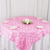 72x72inch Pink 3D Rosette Satin Table Overlay, Square Tablecloth Topper