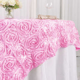 72x72inch Pink 3D Rosette Satin Table Overlay, Square Tablecloth Topper