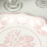 25-Pack Paper Dessert Plates in White with Pink Damask Floral Print & Scallop Rim