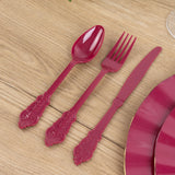 72 Pack Burgundy Plastic Silverware Set in Baroque Style, Heavy Duty Disposable Forks