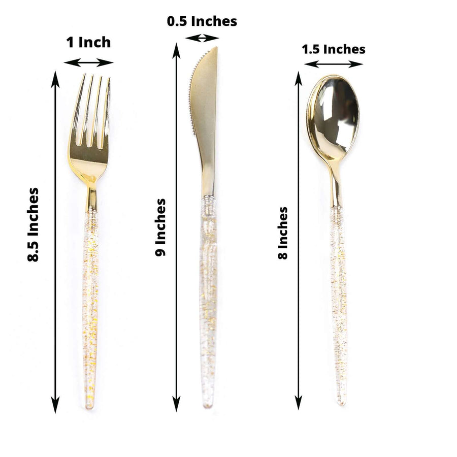 24-Pack Plastic Cutlery Set Metallic Gold with Gold Glitter - Stylish Disposable Silverware-Pack 8"