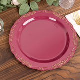 10 Pack | 10inch Burgundy With Gold Vintage Rim Disposable Dinner Plates With Embossed 