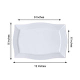 White Plastic Disposable Rectangular Serving Trays Plates - With Glossy Finish & Wave Trimmed Rim