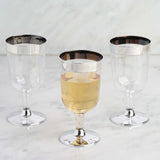 12 Pack | 6oz Chrome Silver Rim Clear Plastic Short Stem Wine Glasses, Disposable Party Cups