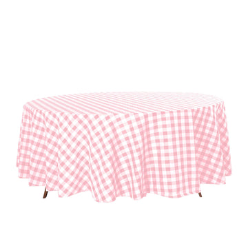 Polyester 108" Round Tablecloth White/Rose Quartz - Checkered Buffalo Plaid Design for Stylish Celebrations