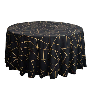 Polyester 120" Round Tablecloth Black with Gold Foil Geometric Pattern Wrinkle-Resistant Seamless Table Cover