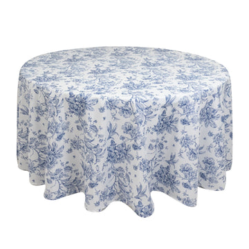 Polyester 120" Round Tablecloth White - Blue French Toile Pattern for Chic Weddings