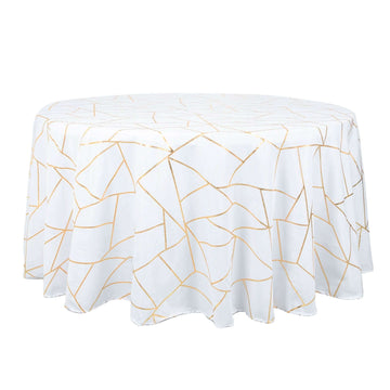 Polyester 120" Round Tablecloth White with Gold Foil Geometric Pattern Wrinkle-Resistant Modern Seamless Table Cover