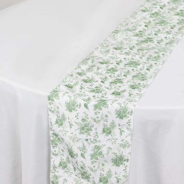 Polyester 12"x108" Table Runner Dusty Sage Green French Toile Floral Print - Upscale Dining Table Decor