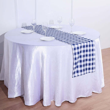 Polyester 14"x108" Table Runner Navy Blue/White - Gingham Plaid Design