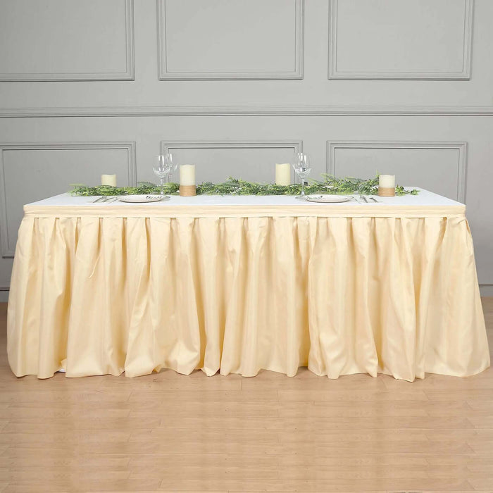 21ft Beige Pleated Polyester Table Skirt, Banquet Folding Table Skirt