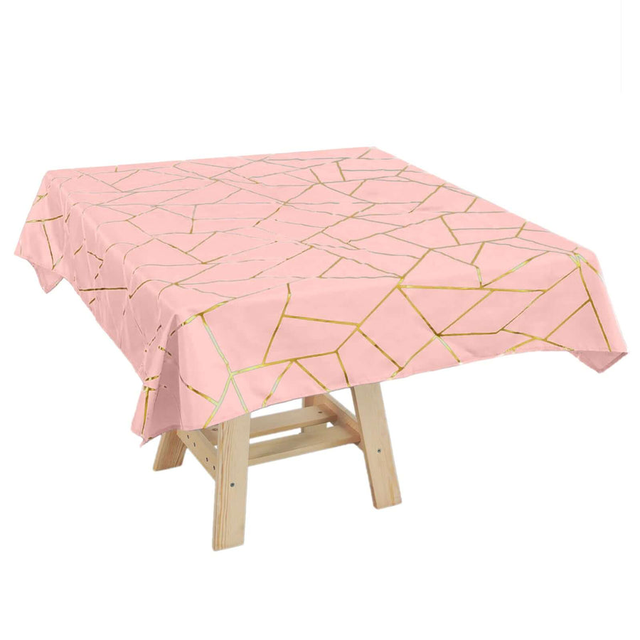 54"x54" Dusty Rose Polyester Square Tablecloth With Gold Foil Geometric Pattern