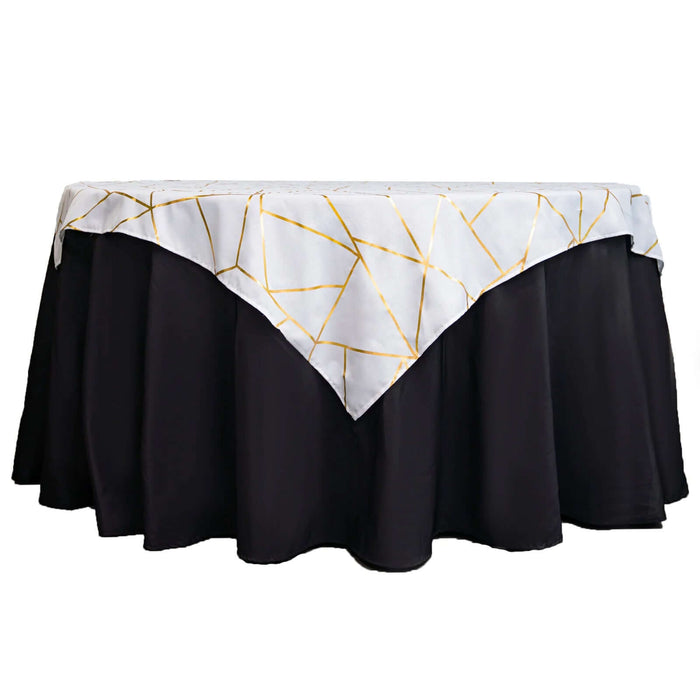 54"x54" White Polyester Square Table Overlay With Gold Foil Geometric Pattern