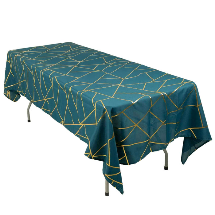 60"x102" Peacock Teal Rectangle Polyester Tablecloth With Gold Foil Geometric Pattern