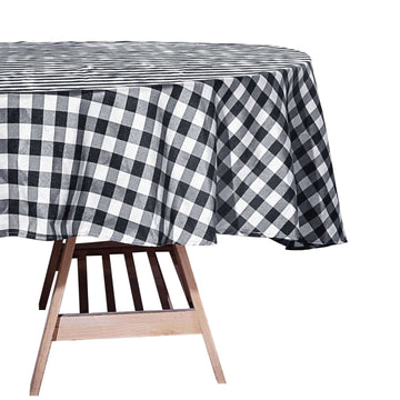 Polyester 70" Round Tablecloth White/Black - Checkered Buffalo Plaid Design for Dining Tables