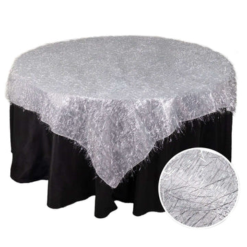 Polyester 72"x72" Table Overlay Square Tablecloth Silver - Metallic Fringe Shag Tinsel Table Cover