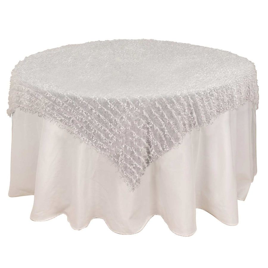 White Fringe Shag Square Polyester Table Overlay