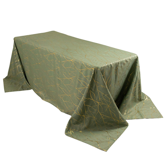 Dusty Sage Green Rectangle Polyester Tablecloth With Gold Foil Tree Branch Pattern - 90x132" 6ft