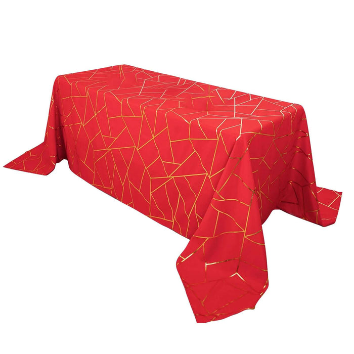 90inch x 132inch Red Rectangle Polyester Tablecloth With Gold Foil Geometric Pattern