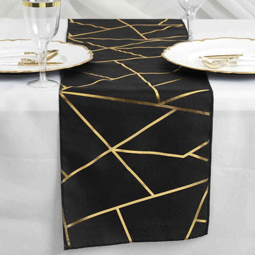 Polyester 9ft Table Runner Black with Gold Foil Modern Geometric Accent