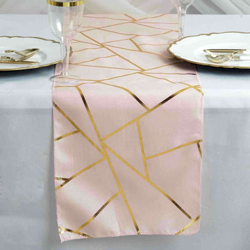 Polyester 9ft Table Runner Blush with Gold Foil Modern Geometric Accent