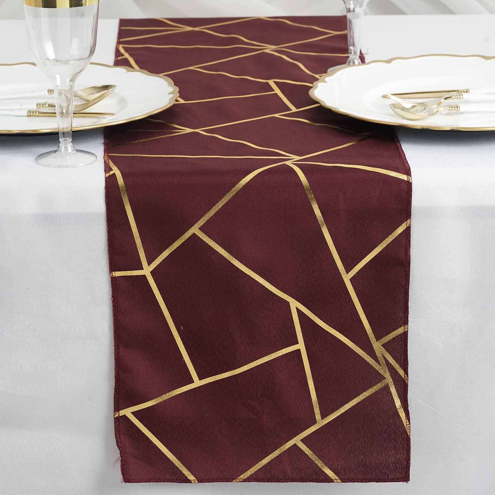 Polyester 9ft Table Runner Burgundy with Gold Foil Modern Geometric Accent