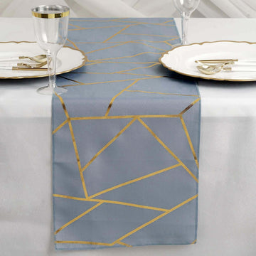 Polyester 9ft Table Runner Dusty Blue with Gold Foil Modern Geometric Accent