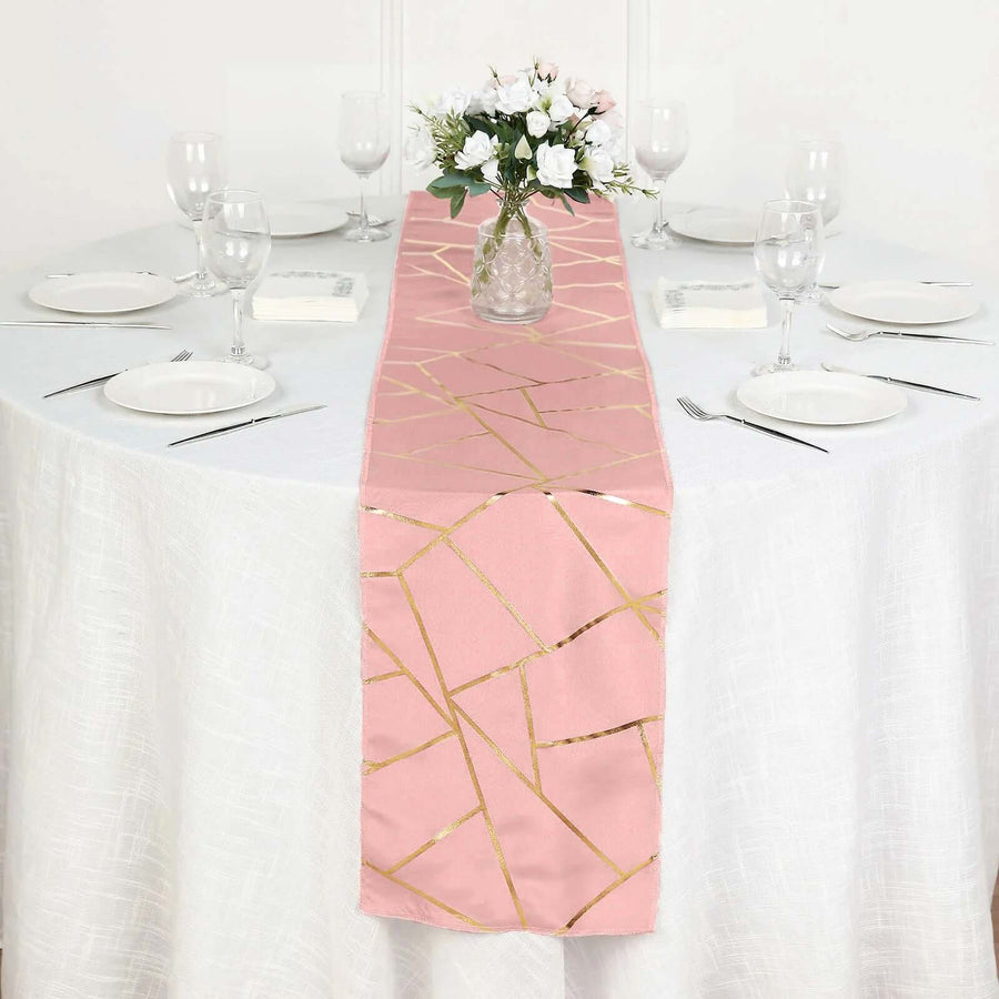 9ft Dusty Rose With Gold Foil Geometric Pattern Table Runner