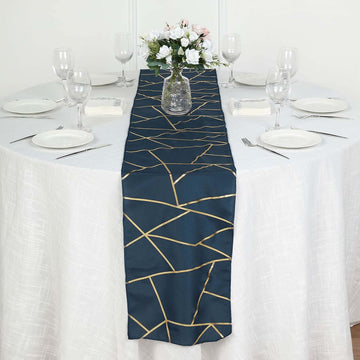 Polyester 9ft Table Runner Navy Blue with Gold Foil Modern Geometric Accent