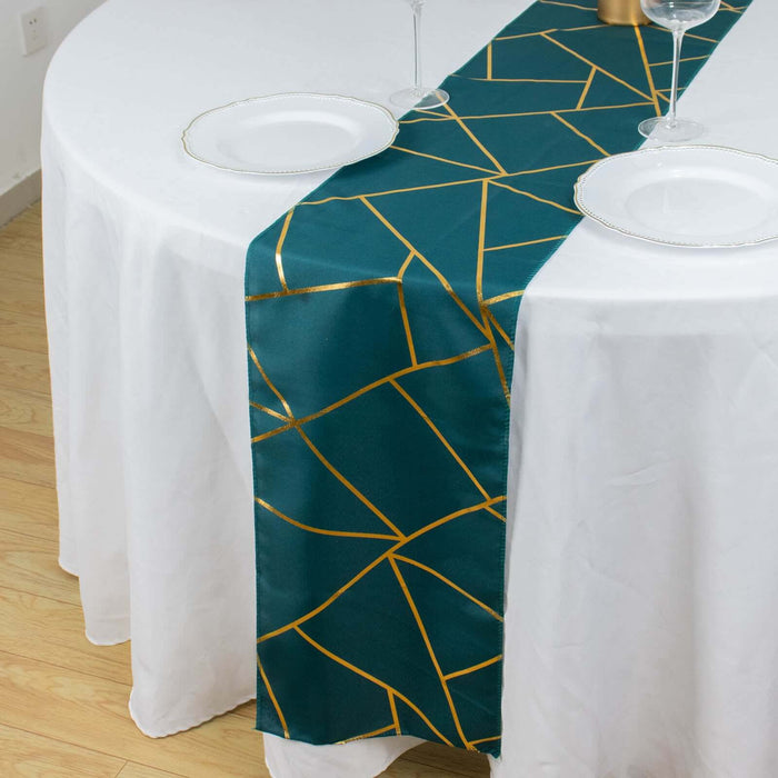 9ft Peacock Teal With Gold Foil Geometric Pattern Table Runner