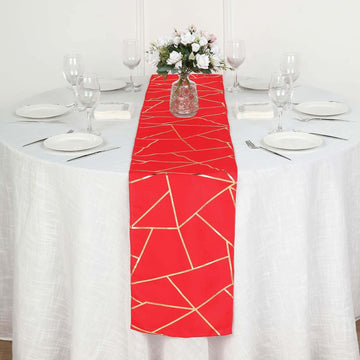 Polyester 9ft Table Runner Red with Gold Foil Modern Geometric Accent