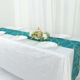 9 Feet Teal Table Runner With Gold Foil Geometric Pattern